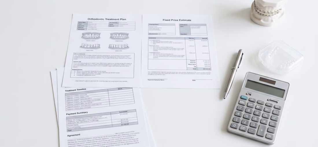 Itemised treatment estimate laid out with a calculator