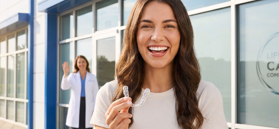 Patient leaving the practice smiling with her retainer